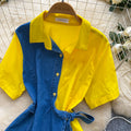 K-stylepatchworkcomfortable breathable waist-cinching denim shirt for women, light and mature style, tie backslimming look, easiest for match style tops