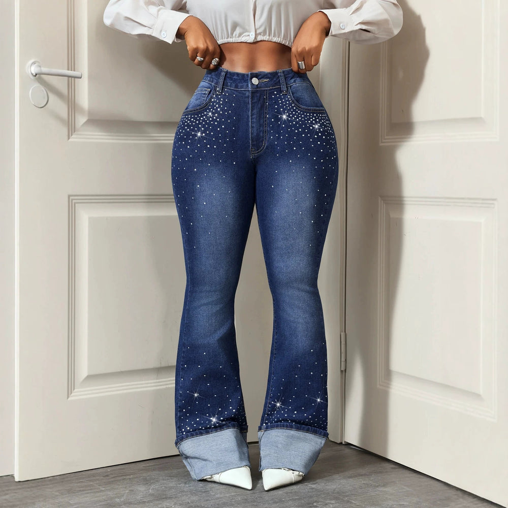 Fashionjeans women's high waist hot diamond slightly flared dark blue washed slimming look silk flanged flared pants