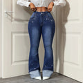 Fashionjeans women's high waist hot diamond slightly flared dark blue washed slimming look silk flanged flared pants