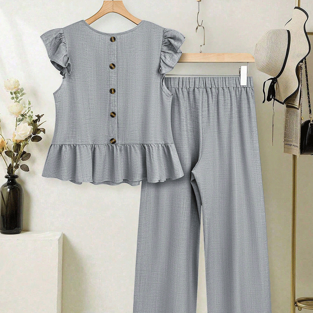 European and american cross-border women's short-sleeve set:  summer new arrival - stylish flutter sleeve top and wide-leg pants two-piece set