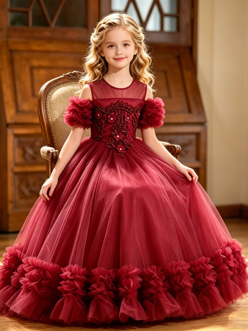 girls' red high-end formal dress, little girl's dress, holiday performance costume, kids' stylish puffy tutu skirt