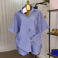 European and american cross-border women's fashion:  summer new collection - stylish blue and white striped loose-fit shirt and high-waisted wide-leg shorts set