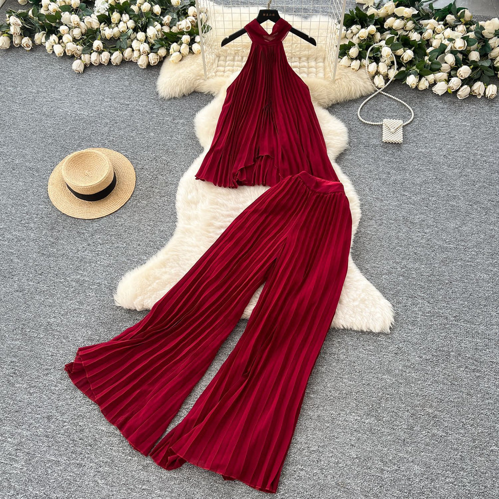 Pure desire vacation suit women's atmosphere halter strap asymmetrical pleated tops high waistloosecasual pants suit