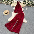 Pure desire vacation suit women's atmosphere halter strap asymmetrical pleated tops high waistloosecasual pants suit