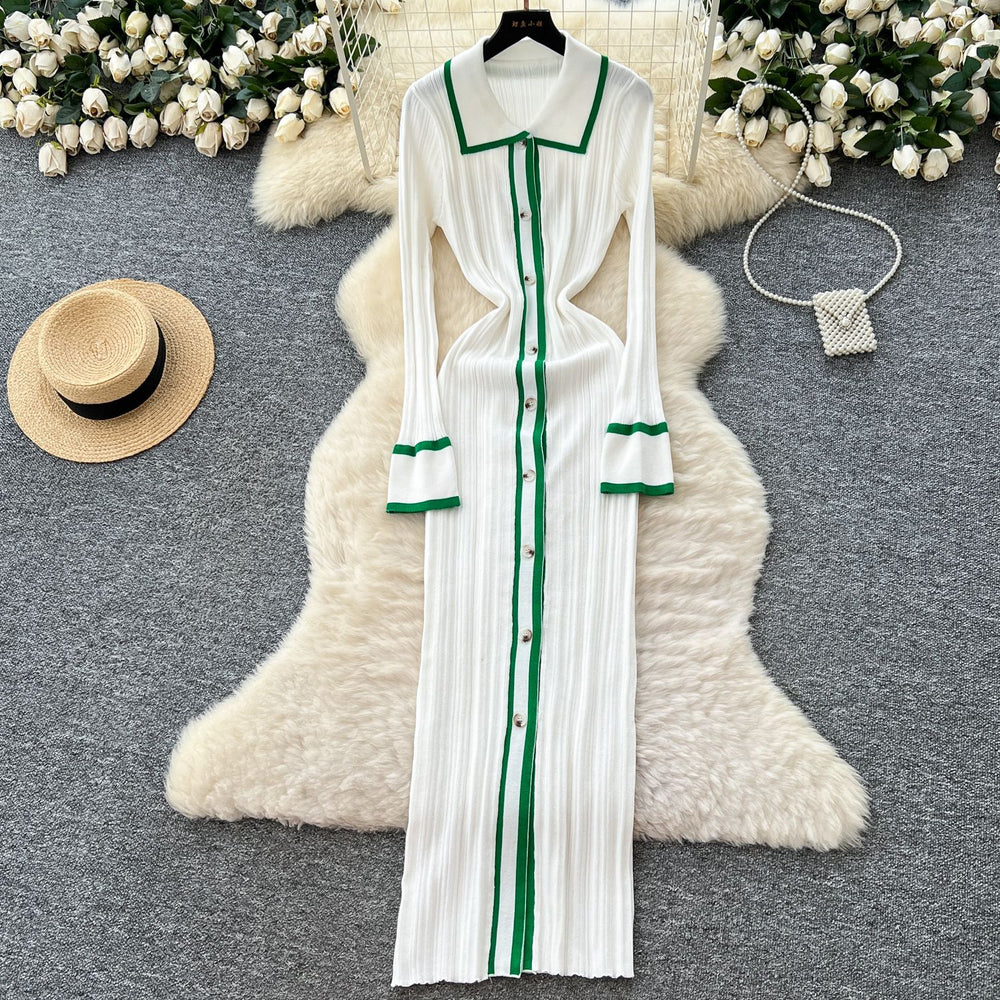 Classysense niche stylecontrast colorpolo collar bell sleeves single breasted silmslimming lookknittingdress women's bottom long skirt