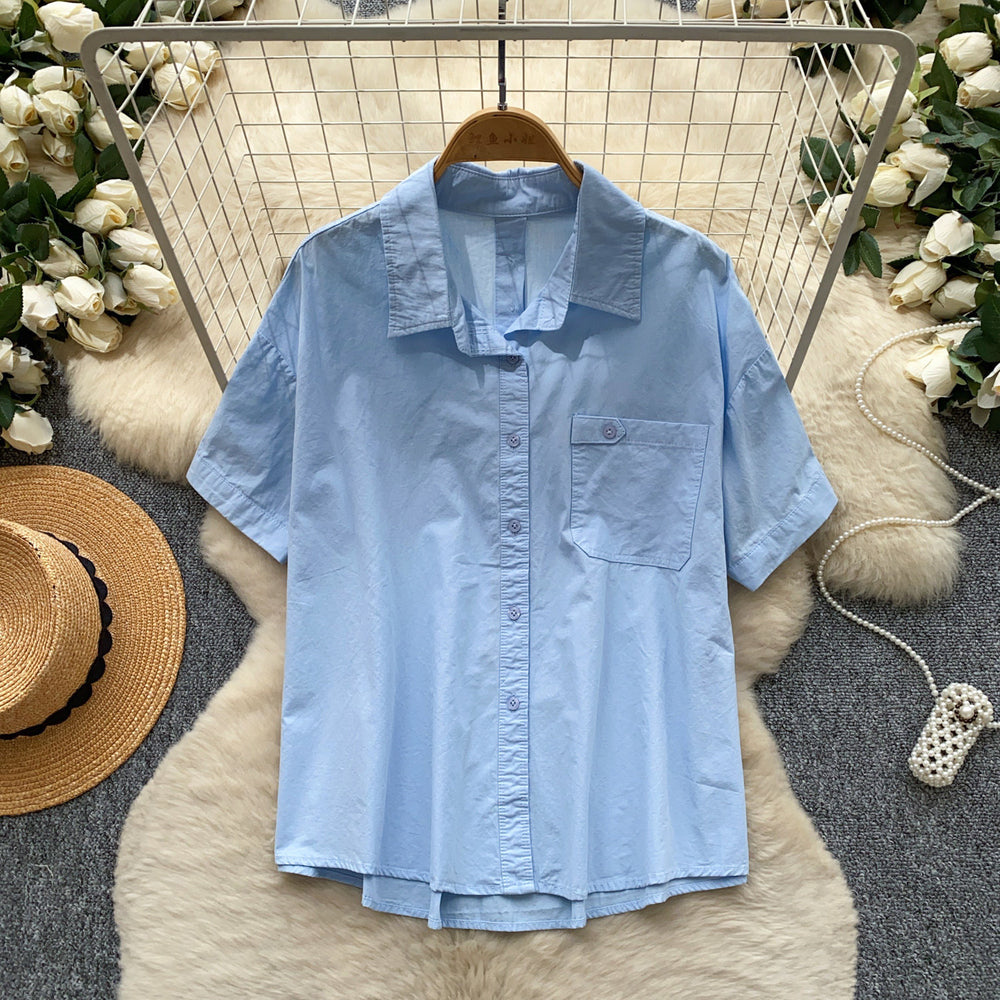 K-stylework clothing style yellow comfortable breathable short-sleeved shirt women's summer lapel looseeasiest for matchslimming looktops