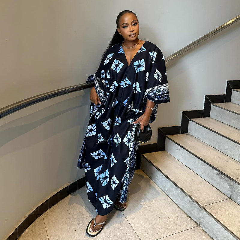 European and american women's clothing  autumn new collection: sweet and fresh printed loose plus size v-neck batwing sleeve maxi dress