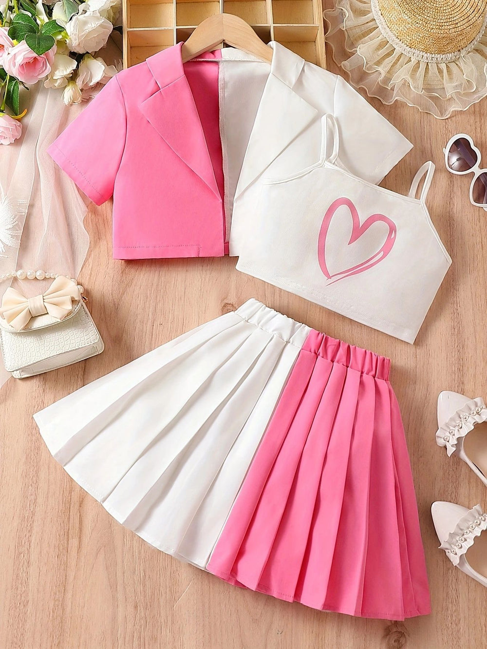European and american style cross-border girls' color block jacket + camisole top + pleated a-line skirt three-piece set for older girls
