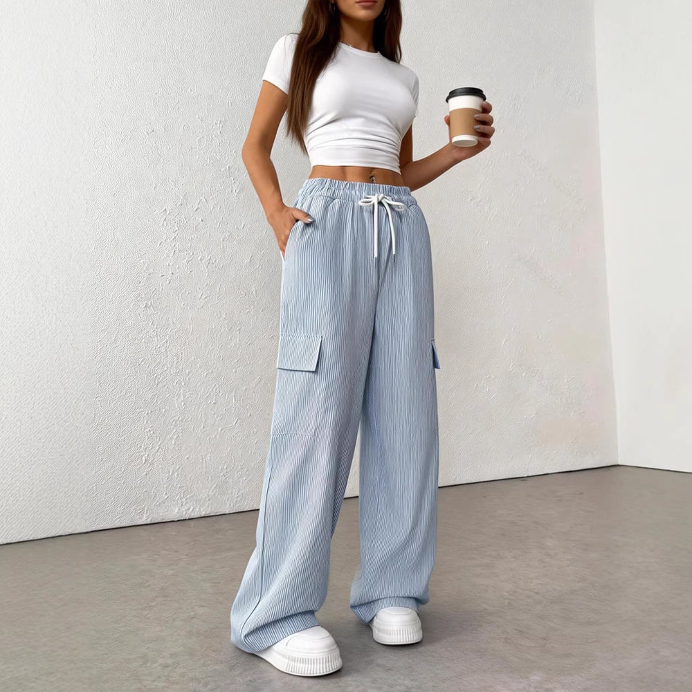 new striped blue high-waisted wide-leg drawstring cargo pants - versatile style for cross-border e-commerce on  (us & europe)