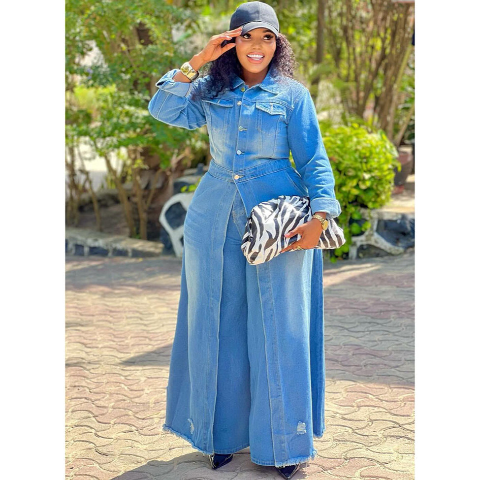 European and american style loose denim long coat  cross-border women's autumn and winter button-down cardigan long sleeve windbreaker jacket