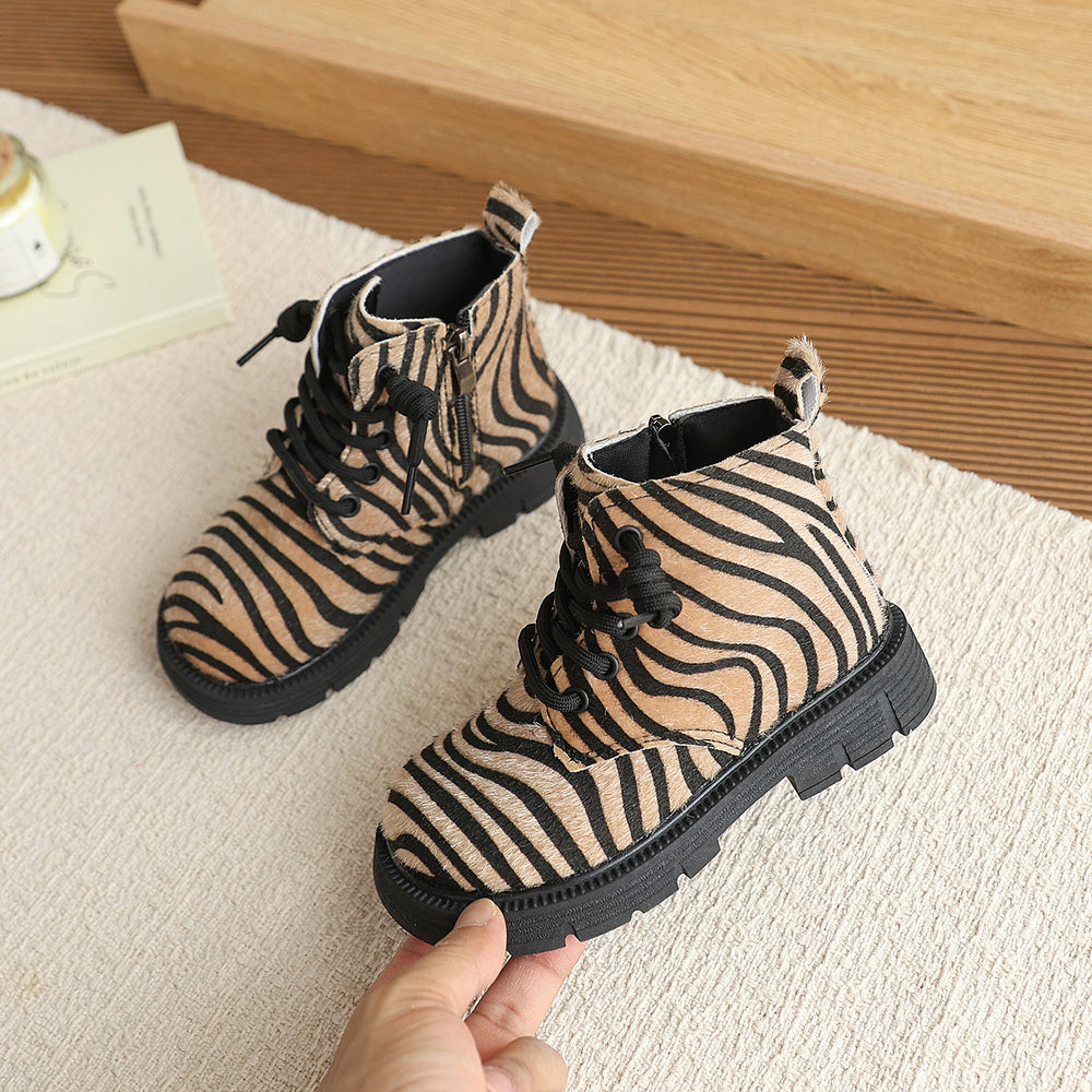 Vancahao thick soleboots women's fall and winter new arrival leopard print motorcycle boots fleece-lined short boots retro slimming look european and american boots