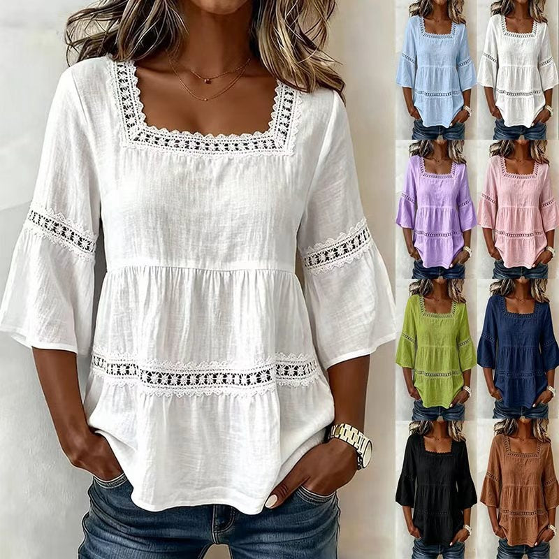 cross-border  summer solid color casual square neck cotton linen lace trimmed three-quarter sleeve top for women