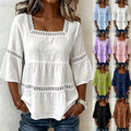 cross-border  summer solid color casual square neck cotton linen lace trimmed three-quarter sleeve top for women