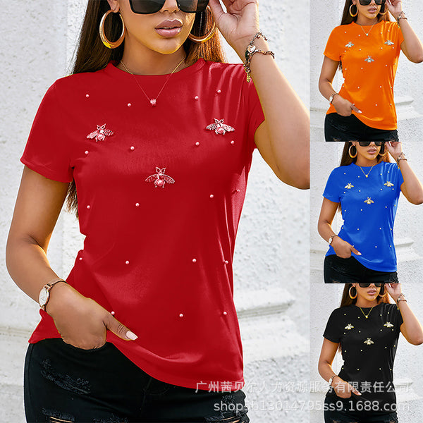 Women's  summer new products elastic beads butterfly decorative round neck large size women's T-shirt women's short sleeve P8291