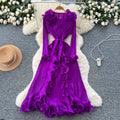 European and american niche style 3d ruffle trim tie-waist long sleeve pleated maxi dress with slit