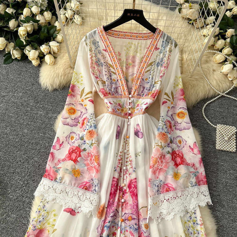 Palace style dress for women  spring fashion european and american socialite deep v neck bell sleeves waist buttoned printing long skirt
