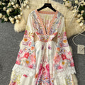 Palace style dress for women  spring fashion european and american socialite deep v neck bell sleeves waist buttoned printing long skirt