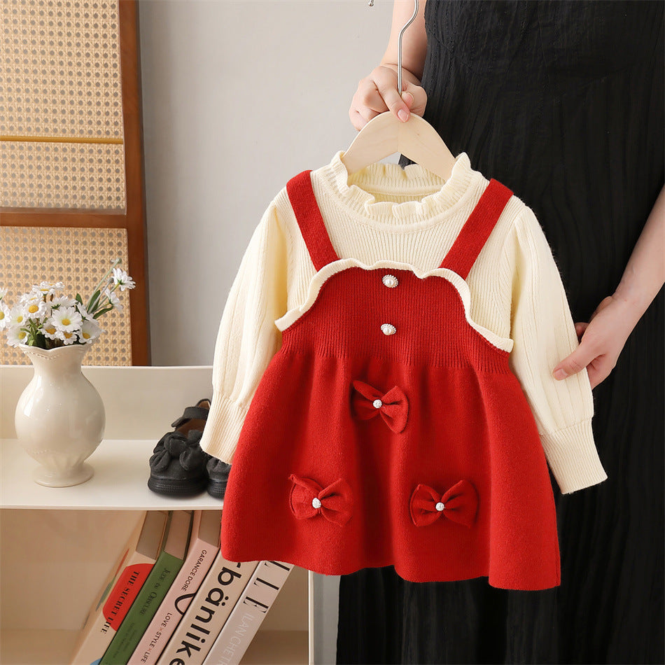 Girls' knit dress - new autumn/winter  collection - bow detail christmas dress - children's dress