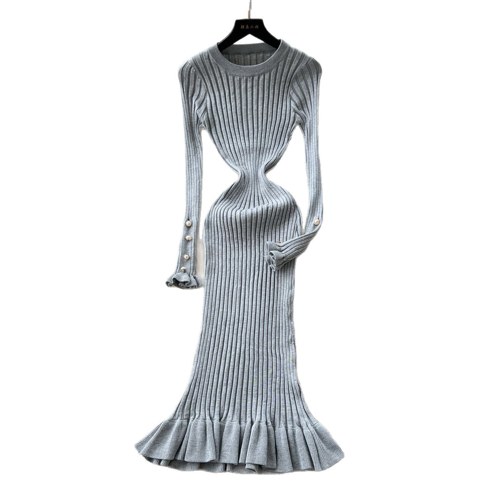 French chic high-end round neck metal buckle long sleeve dress - women's autumn slimming ruffle knit dress