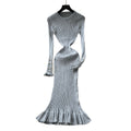 French chic high-end round neck metal buckle long sleeve dress - women's autumn slimming ruffle knit dress