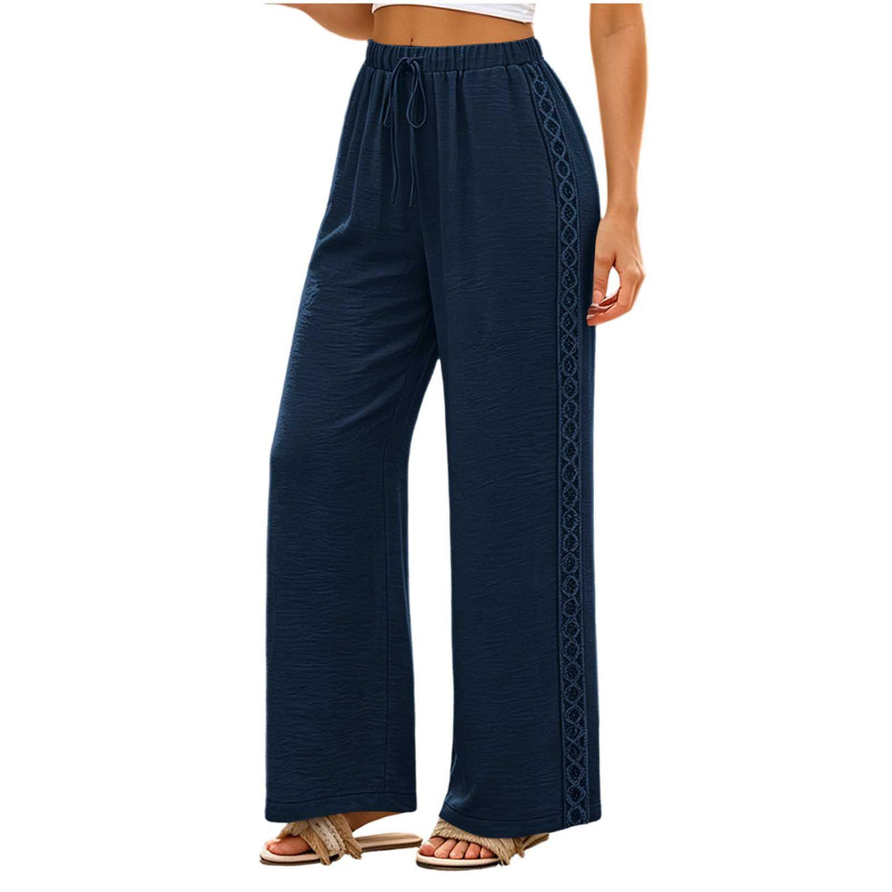 new european and american style women's fashion solid color lace trim elastic waistband pocket casual trousers