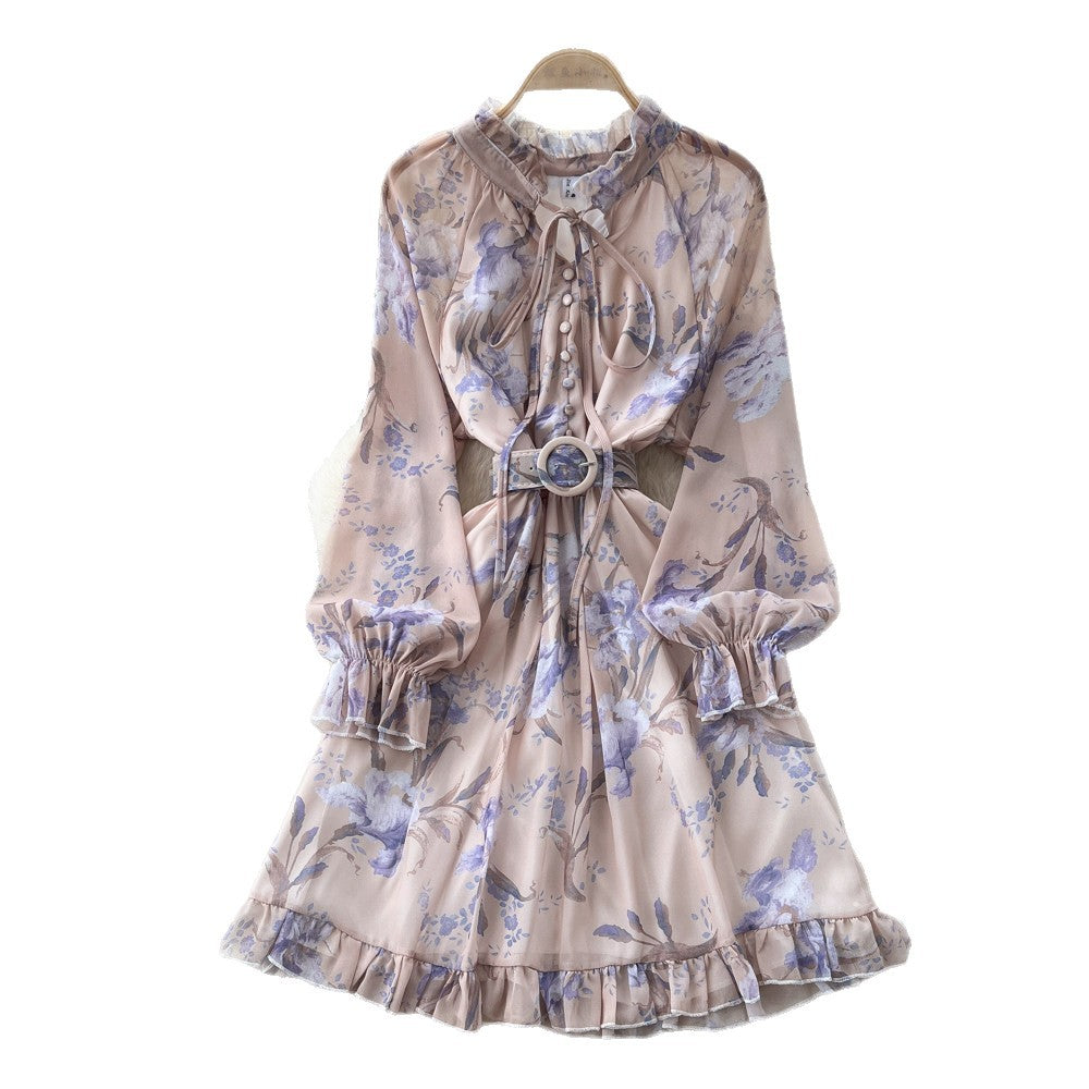 French print midi dress - women's summer long sleeve slim fit a-line dress - workwear, elegant, vacation style