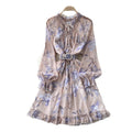 French print midi dress - women's summer long sleeve slim fit a-line dress - workwear, elegant, vacation style