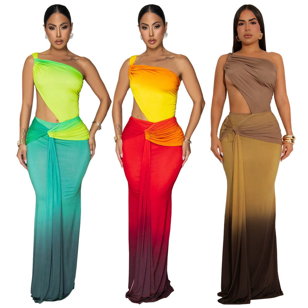 C7473 cross-border   fashion women's summer gradient one-shoulder cutout mermaid dress
