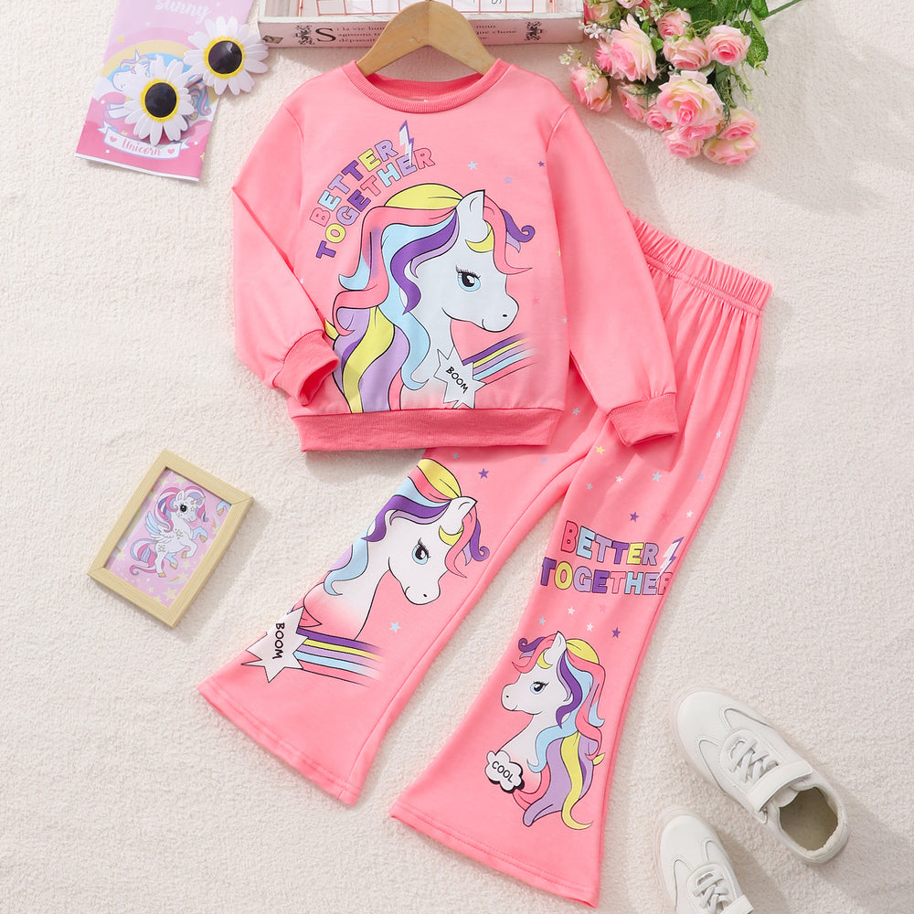 Children's long sleeves round neck unicorn tops and micro-flare pants suit