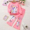 Children's long sleeves round neck unicorn tops and micro-flare pants suit