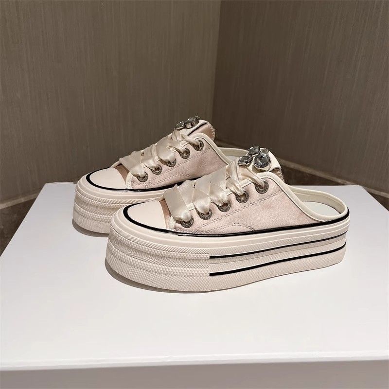 Xiaobai half slippers 2024 new summer super fire rhinestone satin surface lazy thick bottom versatile bag head slippers women