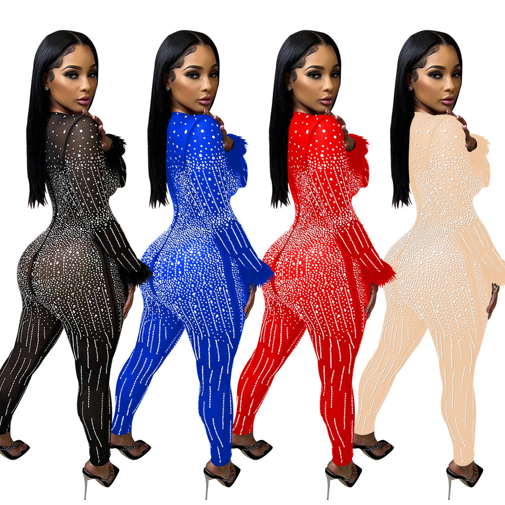C6200   fashion women's mesh rhinestone v-neck long sleeve feather long jumpsuit