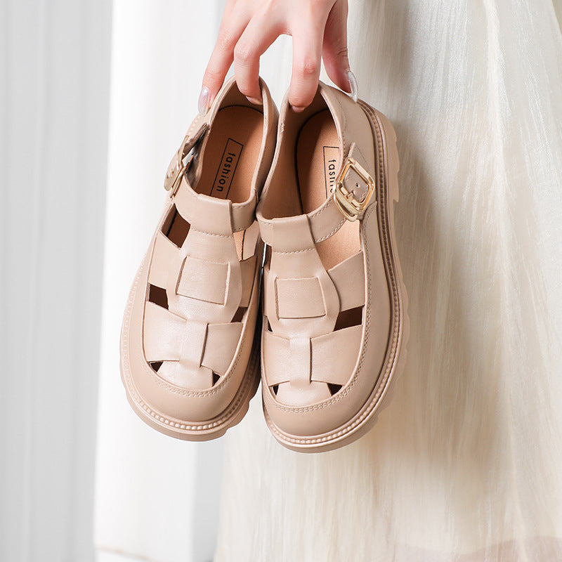 Roman sandals women's 2023 summer flats thick sole british style woven women's shoes toe cap cut out pig cage shoes low heel