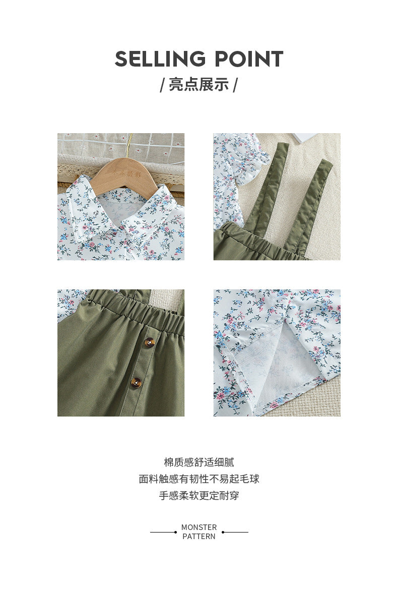girl's suspender shirt skirt small flower pattern vest shoulder military green skirt kidstwo-piece set skirt