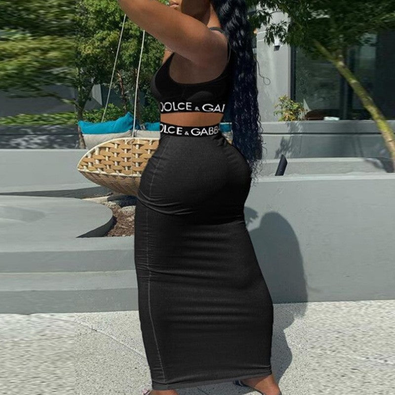 European and american summer new fashion casual tank top high waist bodycon maxi skirt letter print ribbon casual two-piece set for women