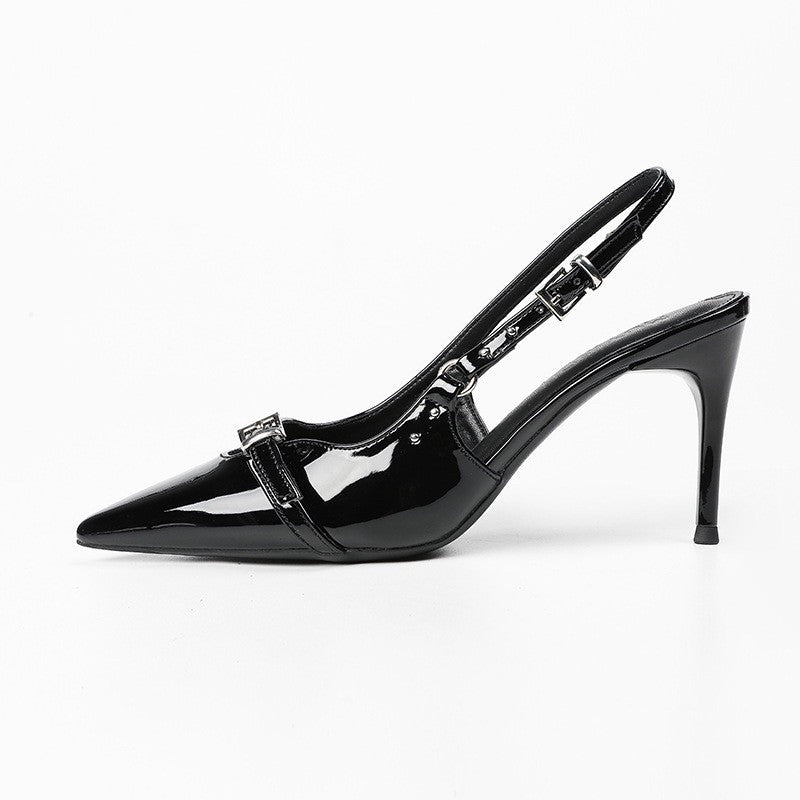 2026 spring/autumn new collection: closed-toe high heel sandals - black, elegant, versatile, unique rivet detail, patent leather stiletto, open back