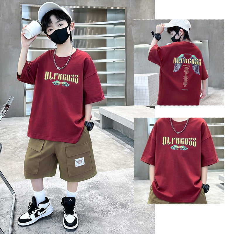 Boys' summer  new korean style fashionable two-piece set: trendy letter print casual outfit for older boys