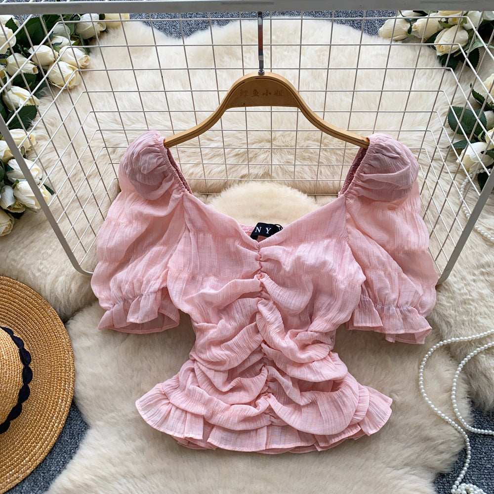 Frenchsweet style square collar puff sleeve shirt women's summerk-style pleated fungus edge waist shorteleganttops