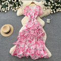 French chic v-neck floral dress - women's summer irregular short sleeve, slim fit a-line maxi dress - perfect for vacation