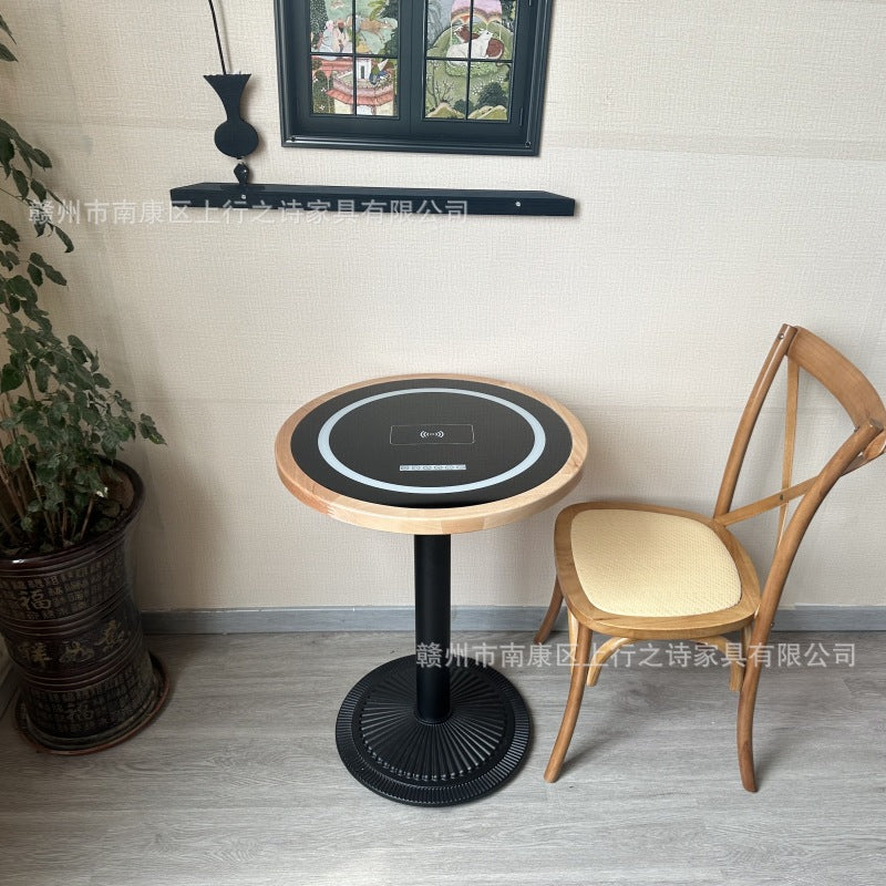 Hotel negotiation table retro dining table with wireless charging bluetooth audio all solid wood desktop small round table desk