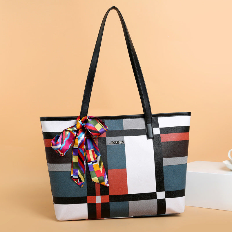 women's color block tote bag - minimalist plaid shoulder bag - large capacity commuter casual versatile handbag