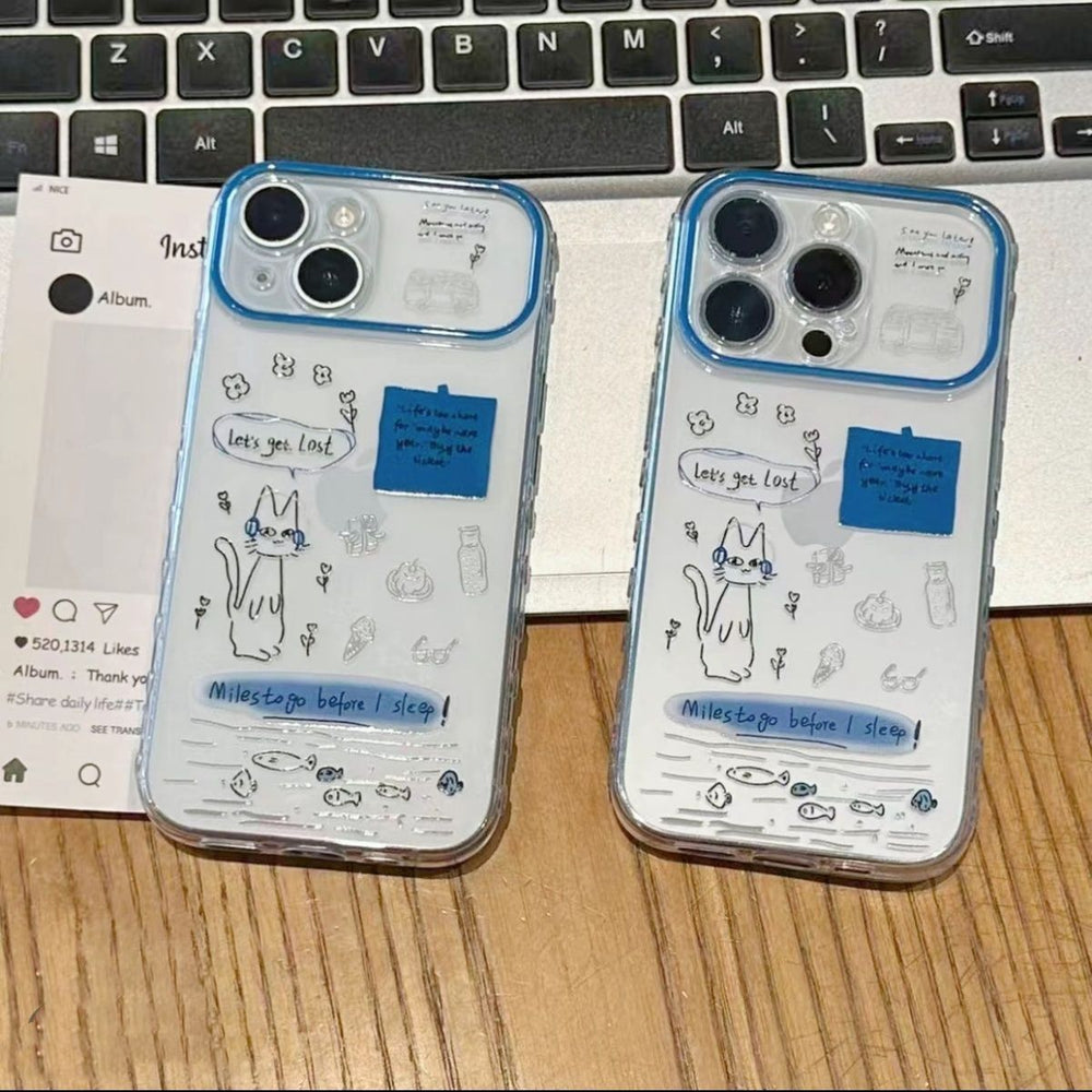 Suitable for apple 17pro mobile phone case blue frame hand-painted cat note english large window iphone16 protective cover