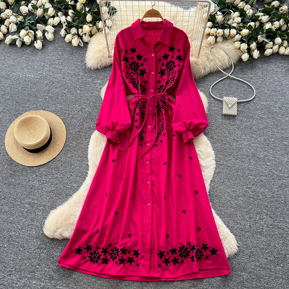 K-stylefloralsembroider silm type dress women's summerlong sleeves lapel waist slimming look a-line skirt work clothingelegant skirt