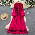 K-stylefloralsembroider silm type dress women's summerlong sleeves lapel waist slimming look a-line skirt work clothingelegant skirt