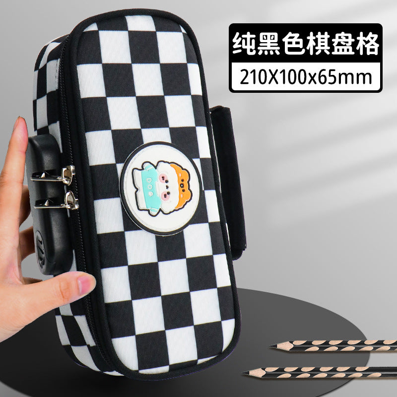 Customized pencil case large capacity Oxford cloth checkerboard combination lock stationery box   wholesale can print logo
