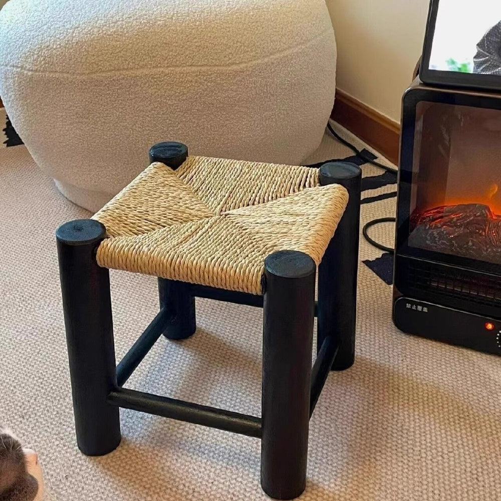 Rattan stool retro stool high-looking backrest coffee table stool solid wood shoe changing stool casual modern for home living room stool