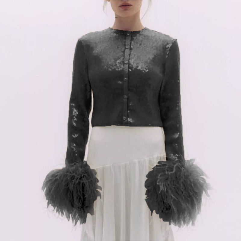 2025 new arrival: slim-fit long sleeve outfit - european & american style, rhinestone embellished, ultra-sparkly nightclub fashion, sexy feather top
