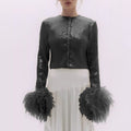 2025 new arrival: slim-fit long sleeve outfit - european & american style, rhinestone embellished, ultra-sparkly nightclub fashion, sexy feather top