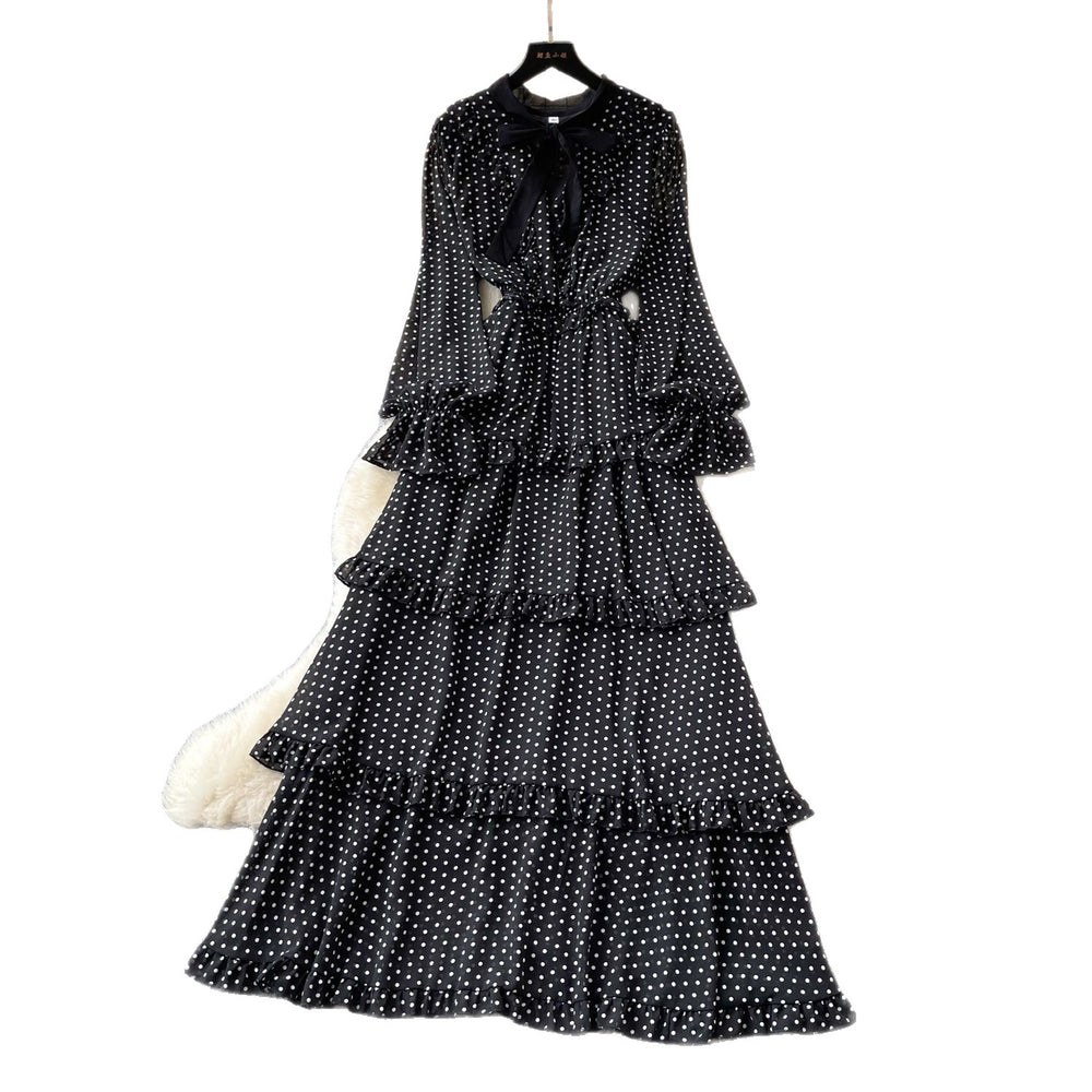 French sweet polka dot long sleeve tiered dress - women's autumn bow ruffle cake dress - unique designer style