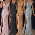 spring new european and american style women's foreign trade dress -  slit gold-embellished maxi dress evening gown